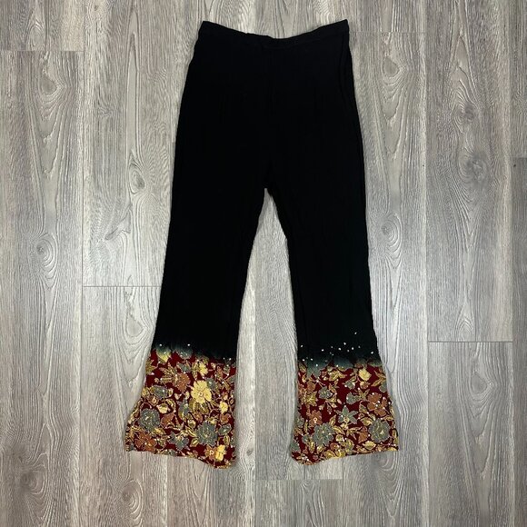 Black Pants with Floral Embroidery & Sequins at Hem – Size M (est.) - Picture 1 of 5